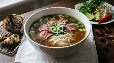 Pho bo vietnamien, bouillon ambré parfaitement clair, lamelles de bœuf rosé et nouilles de riz, oignon et gingembre brûlés à côté