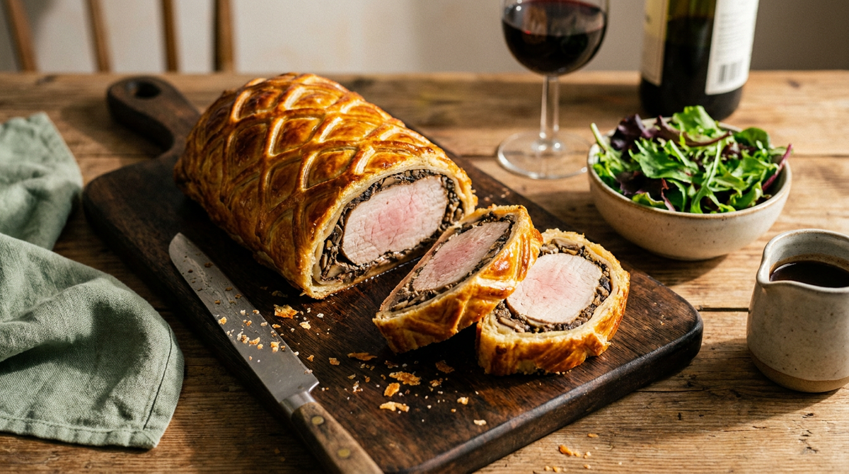Filet mignon en croûte tranché, pâte feuilletée dorée, couche de duxelles sombre et porc légèrement rosé