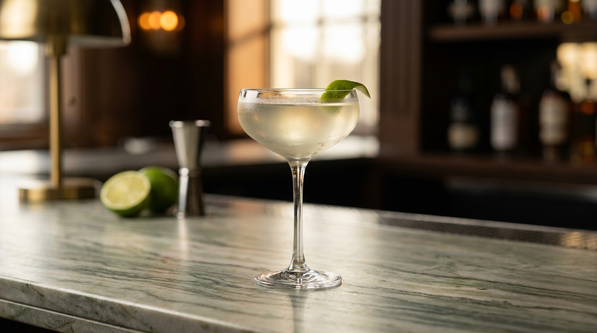 Picador paille très clair dans une coupe, zeste de citron vert sur le bord, comptoir de marbre Cipollino