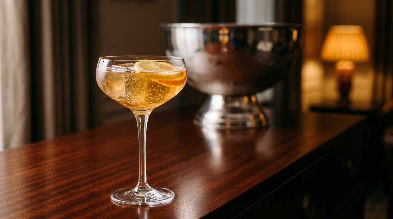 Coupe de Champagne Punch devant un bol à punch en argent, sur un meuble d'acajou