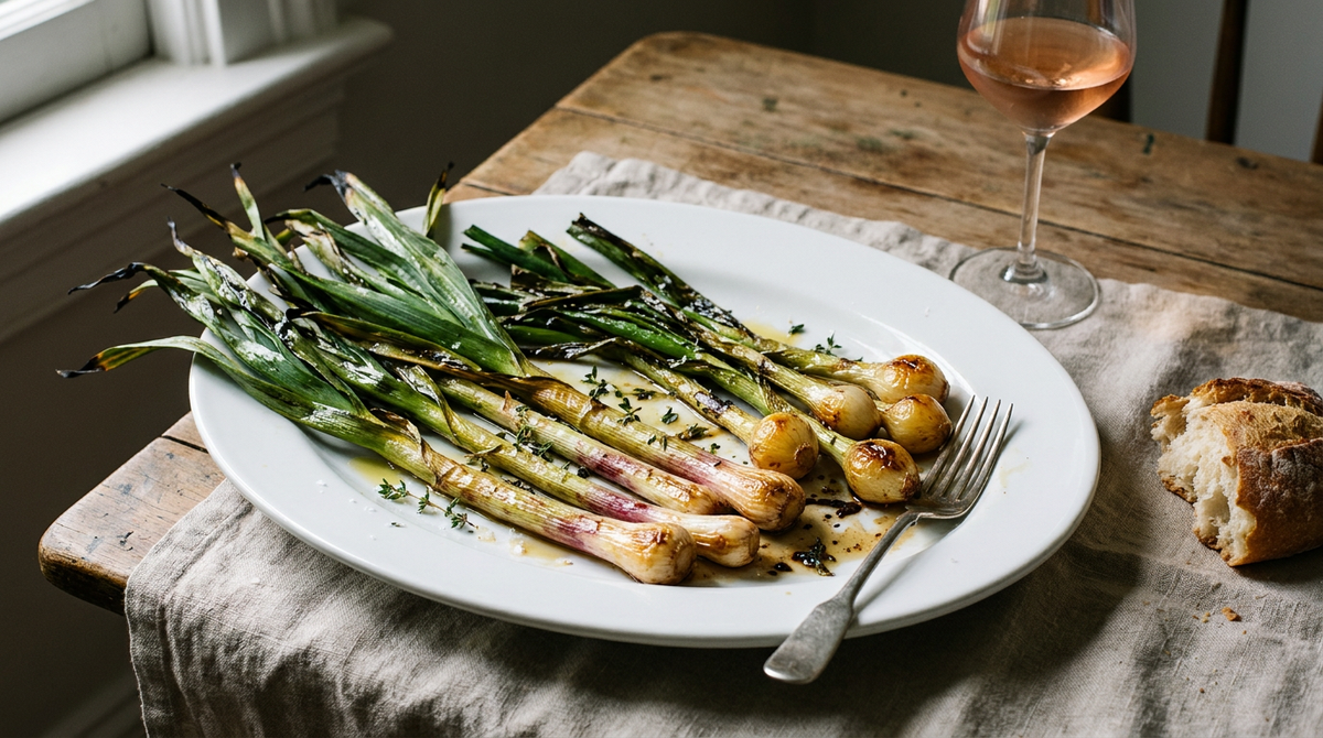 Ail nouveau entier rôti, jeunes plants à la base blanche striée de pourpre et aux feuilles vertes grillées, oignons nouveaux rôtis et glacés, thym et fleur de sel sur un plat blanc, fourchette à plat, pain, verre de rosé pâle