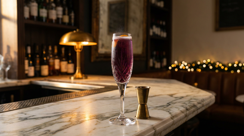 Virgin kir royal rouge violacé dans une flûte à champagne, fines bulles qui montent, comptoir de marbre blanc veiné, lampe de laiton et guirlande floues au fond