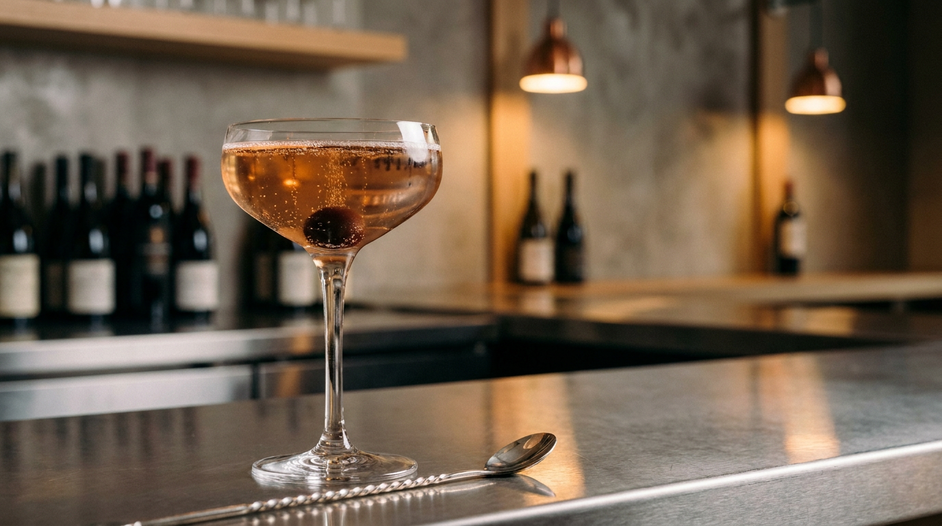 Cocktail Ohio en coupe de cristal sur une station de bar en inox brossé