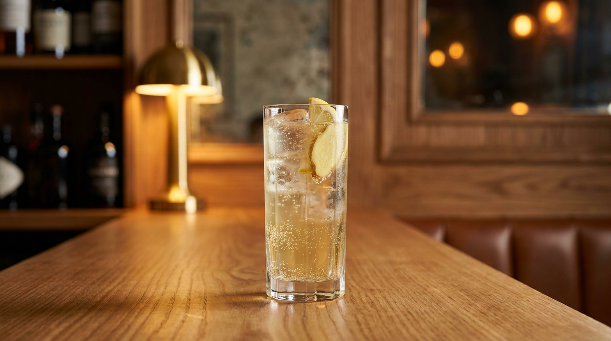 Ginger ale maison doré clair et pétillant dans un grand verre, rondelle de gingembre et quartier de citron, comptoir de châtaignier