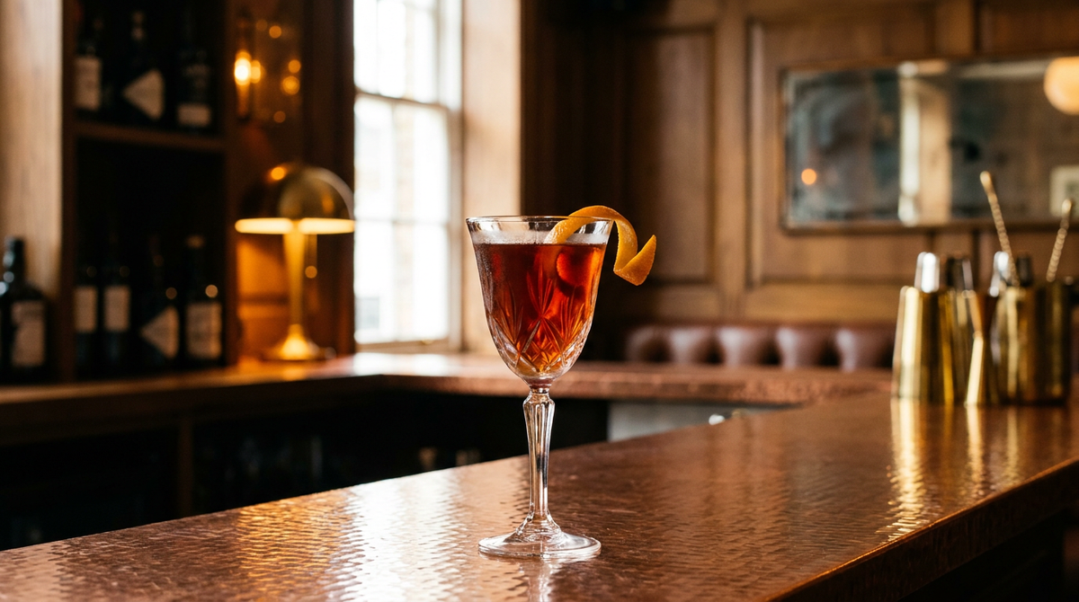 Sherry Twist ambré avec zeste d'orange, sur un comptoir de bar en cuivre martelé