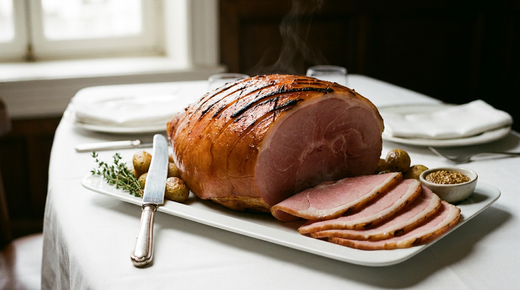 Jambon à l'os glacé au four, croûte brillante quadrillée, tranches rosées sur un plat