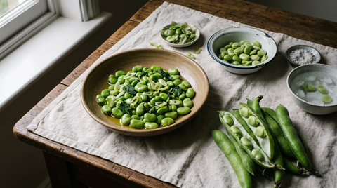 Fèves fraîches dans un plat en grès, grains vert vif brillants à l'huile d'olive avec oignon nouveau et menthe, gousses ouvertes, bol de fèves doubles pelées et bol d'eau glacée