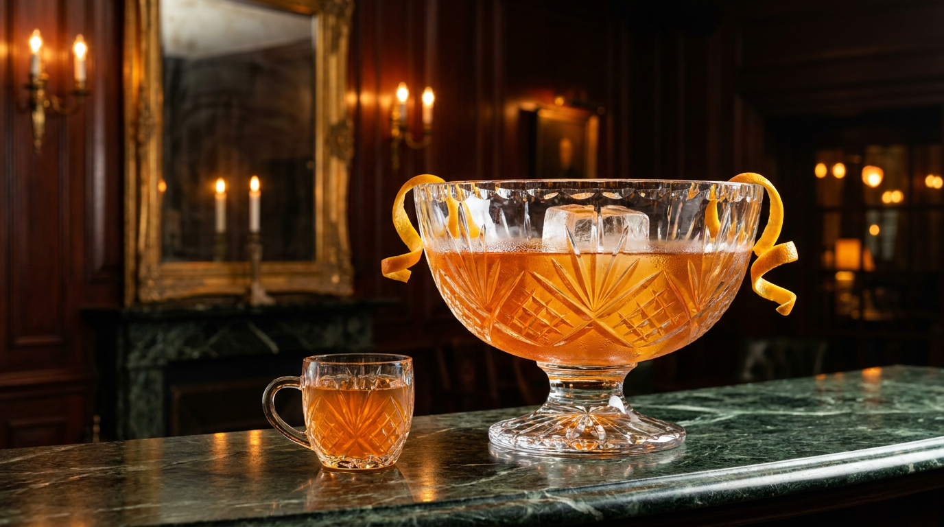 Grand bol à punch en cristal taillé rempli d'un rum punch ambré, bloc de glace et zestes d'agrume, sur un comptoir de bar sombre