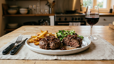 Deux steaks hachés maison poêlés aux contours irréguliers, nappés d'une fondue d'échalotes brune, avec des frites maison et de la salade, sur une table de cuisine familiale