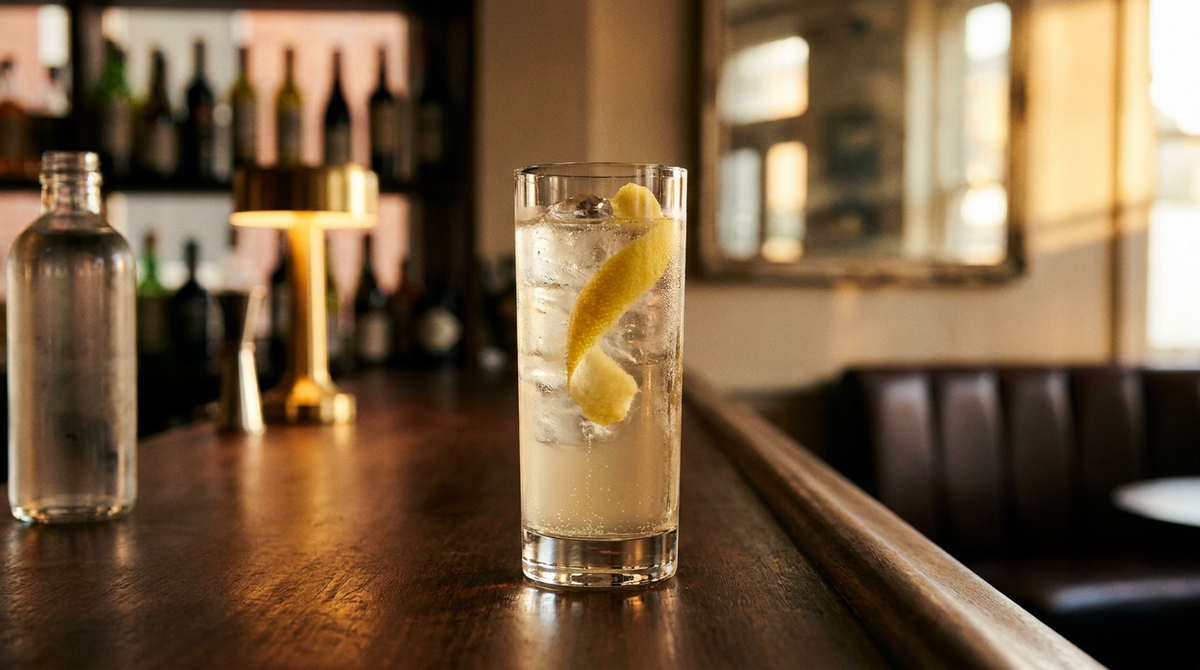 Verre highball rempli d'une boisson pâle pétillante avec glaçons et longue zeste de citron enroulé, bouteille de limonade floue à côté, comptoir de bois ciré sombre