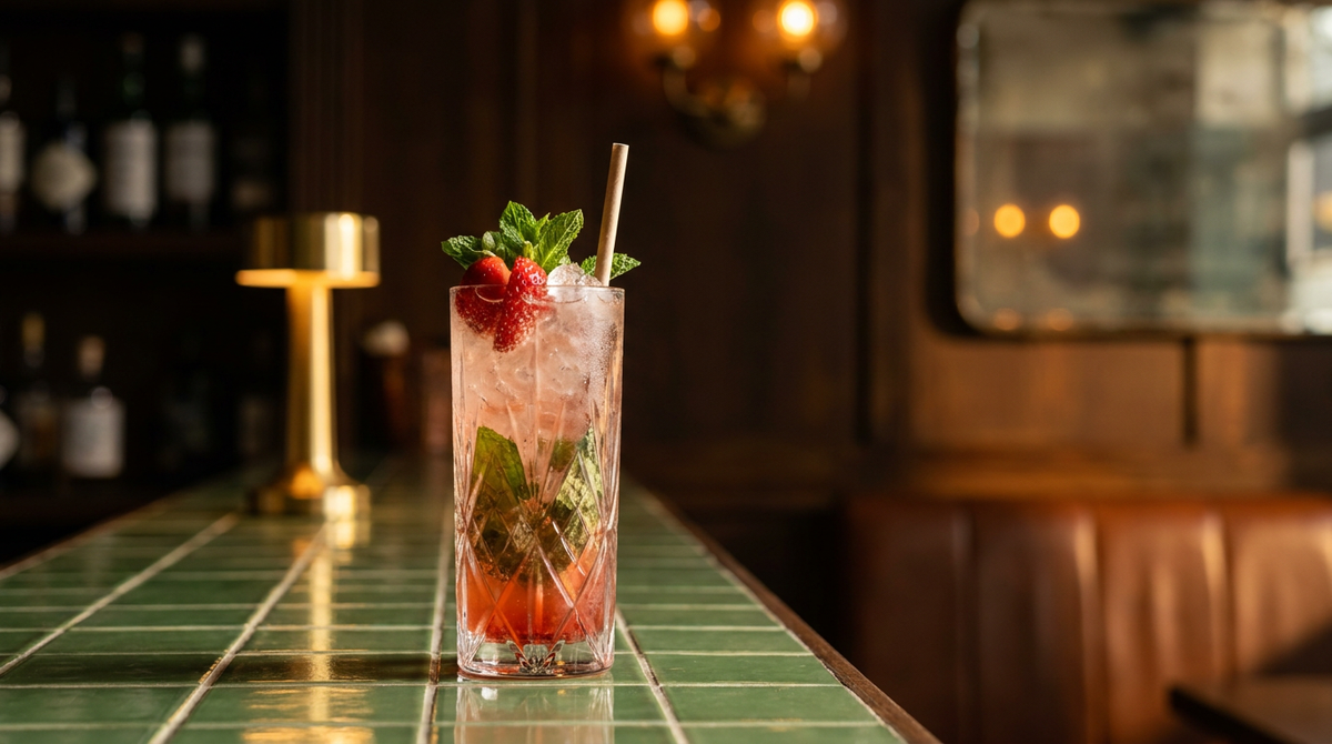 Mojito à la fraise sans alcool dans un grand verre, menthe et fraises, carreaux de céramique verte