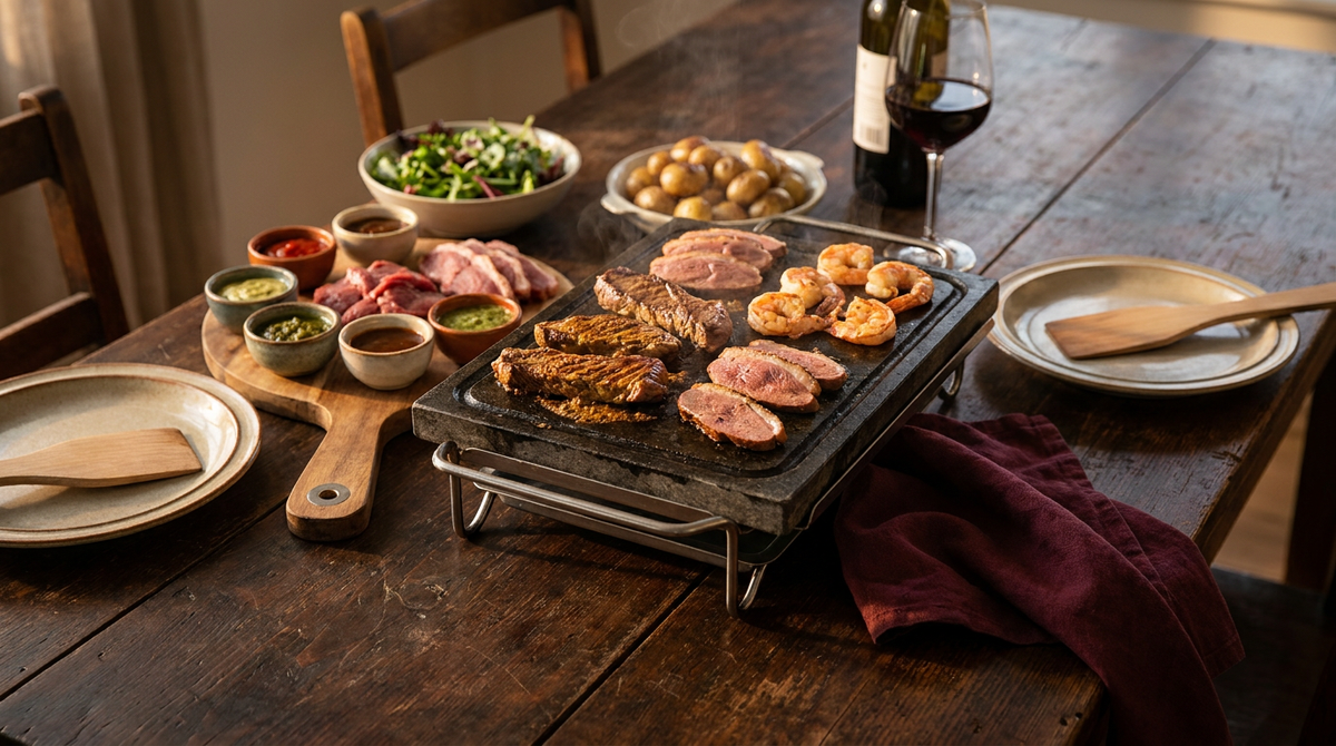 Pierrade sur une table : pierre chaude avec bœuf saisi, magret et crevettes, planche de viandes crues et bols de sauces