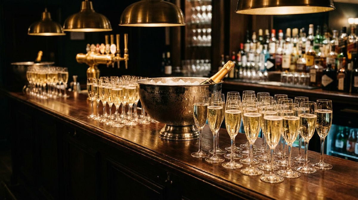Rangée de flûtes remplies de vin effervescent doré sur un comptoir de bois ciré sombre, seau à glace en métal derrière, lumière chaude et basse de fin de journée