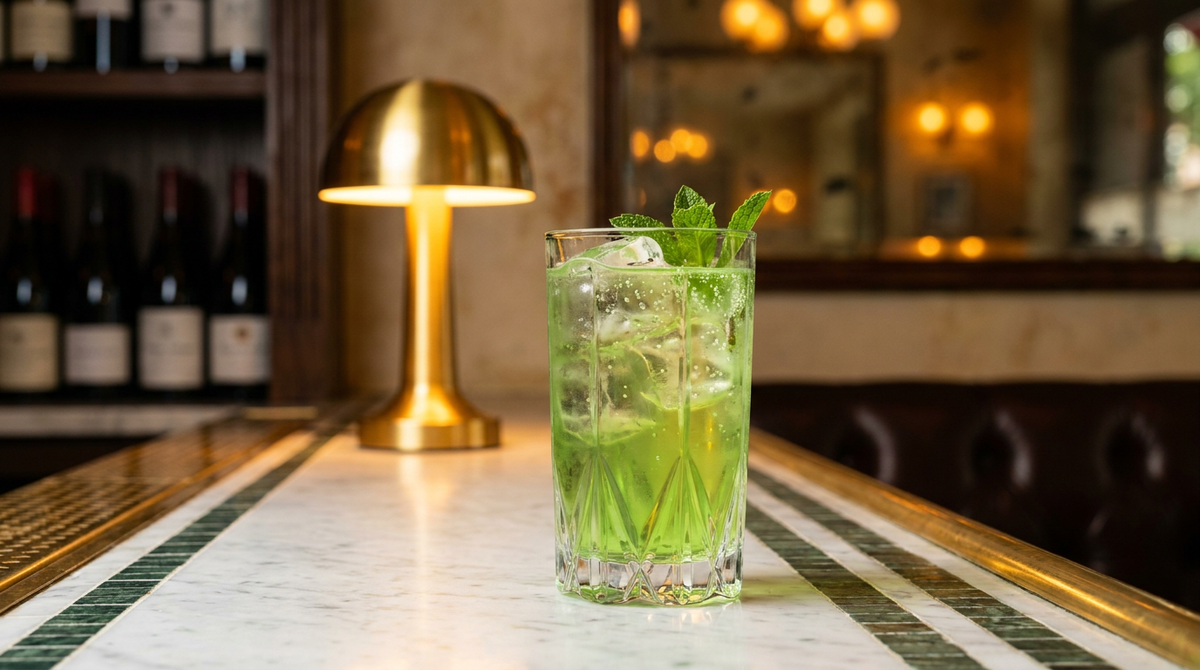 Diabolo menthe vert clair et pétillant dans un grand verre, feuille de menthe, comptoir de mosaïque de marbre