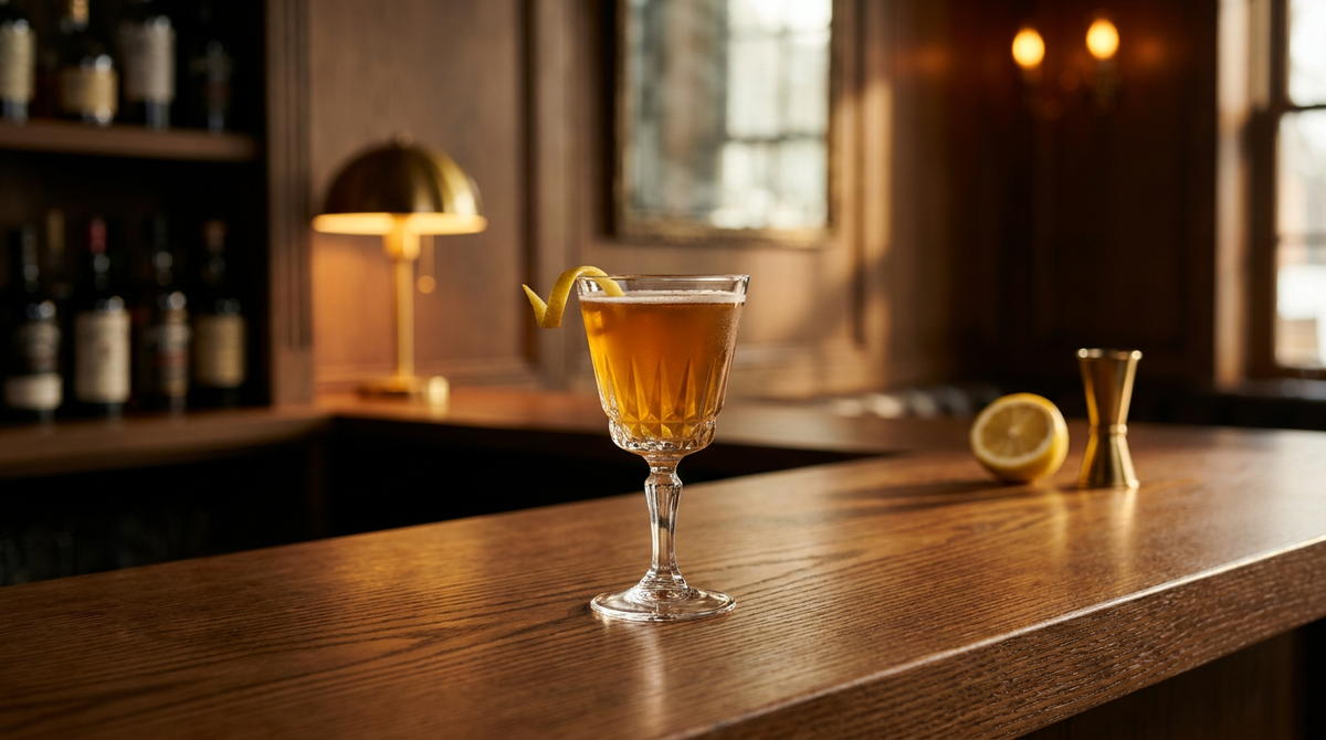 Leap Year doré ambré profond dans un petit verre à cocktail, long zeste de citron sur le bord, comptoir de frêne teinté cognac