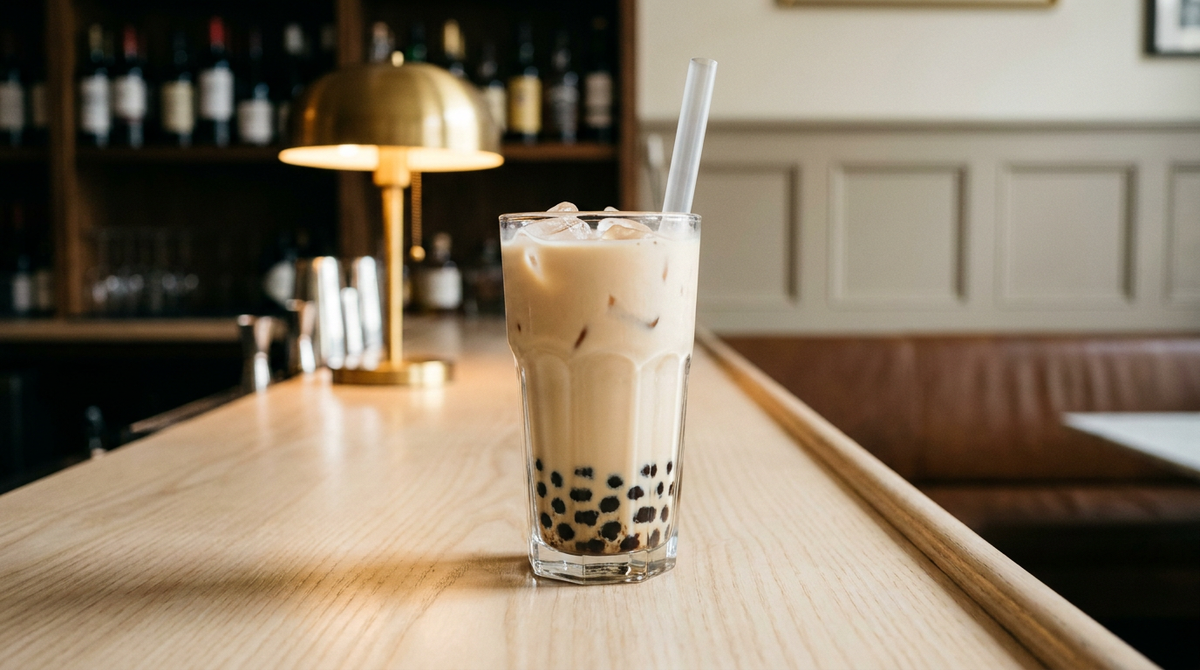 Bubble tea au lait beige dans un grand verre, perles de tapioca brunes au fond, paille large, comptoir de frêne clair