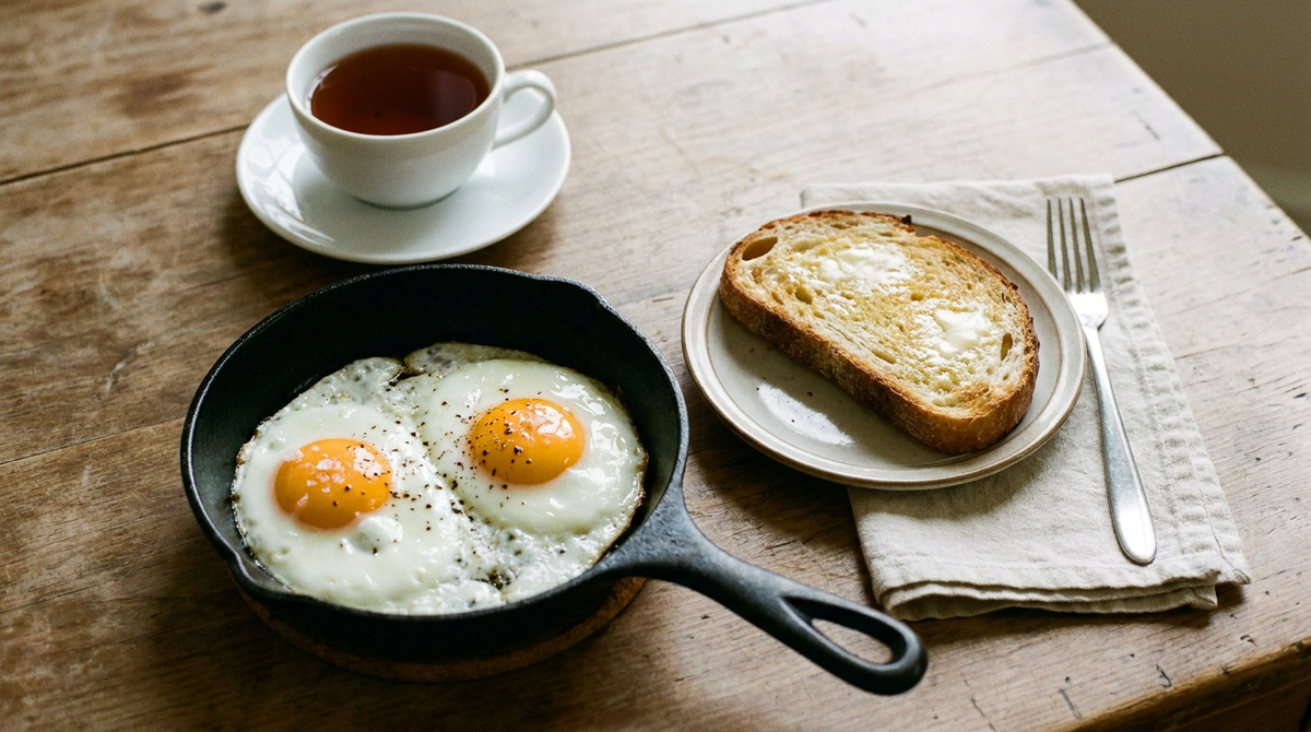 Deux œufs au plat dans une petite poêle en fonte, blanc tendre et nacré, jaunes orangés brillants, fleur de sel et poivre, tartine de pain grillé beurré, tasse de thé, table en bois