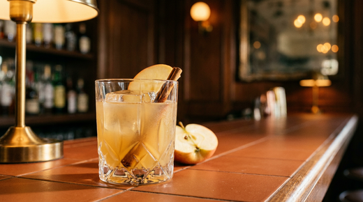 Apple Pie au rhum sur un gros glaçon, bâton de cannelle et tranche de pomme, sur un comptoir de tomettes