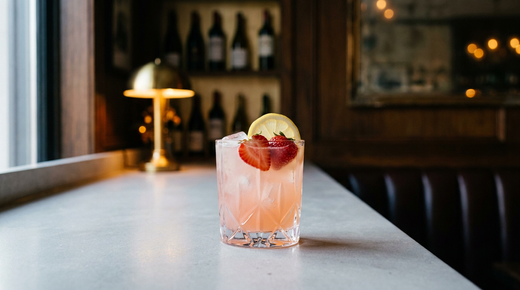 Limonade à la fraise rose pâle dans un verre droit sur glace, moitiés de fraises et rondelle de citron, plan en pierre claire