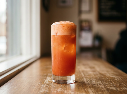 Garibaldi en verre highball sur glace, jus d'orange mousseux orange vif sur Campari rouge