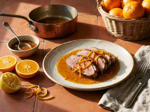 Sauce bigarade orangée aux zestes nappant des tranches de magret de canard, oranges amères coupées et casserole en cuivre
