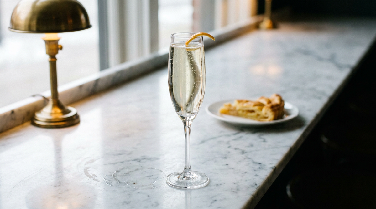 Cocktail doré pétillant dans une flûte à champagne, long zeste d'orange sur le bord, part de galette dorée floue derrière, comptoir de marbre blanc, lumière d'hiver douce