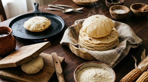 Tortillas de maïs empilées dans un panier garni d'un linge tissé, l'une gonflée en ballon par la vapeur, comal en fonte avec une tortilla qui cuit, presse à tortillas en bois avec une boule de masa, bol de masa harina et épis de maïs séchés