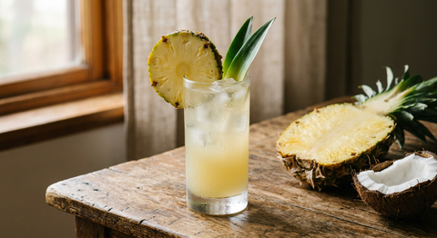 Grand verre de glaçons et de boisson jaune pâle légèrement trouble, tranche d'ananas frais et feuille verte sur le bord, demi-ananas et noix de coco fraîche sur une table en bois