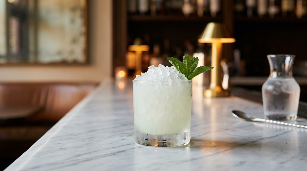 Absinthe frappée blanc laiteux verdâtre sous un dôme de glace pilée, verre couvert de givre, brin de menthe, comptoir de marbre blanc de Carrare