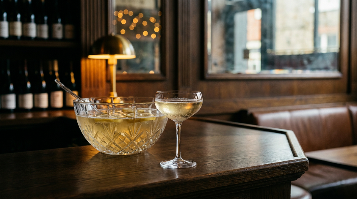 Soupe de champagne dans un saladier en cristal avec des rondelles de citron, une coupe remplie posée devant, sur un comptoir de cave