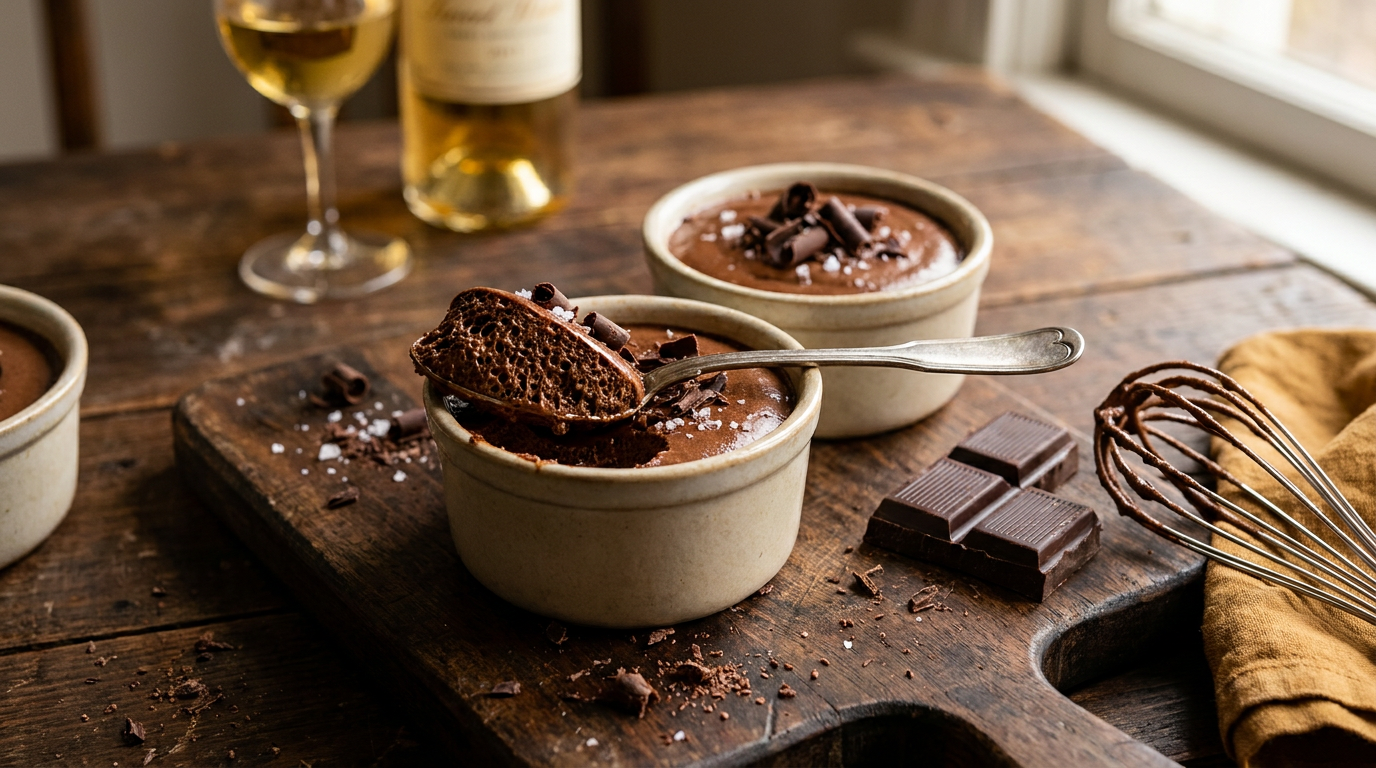 Mousse au chocolat dans des ramequins, une cuillerée soulevée montrant une texture aérée pleine de bulles fines