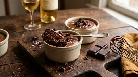 Mousse au chocolat dans des ramequins, une cuillerée soulevée montrant une texture aérée pleine de bulles fines