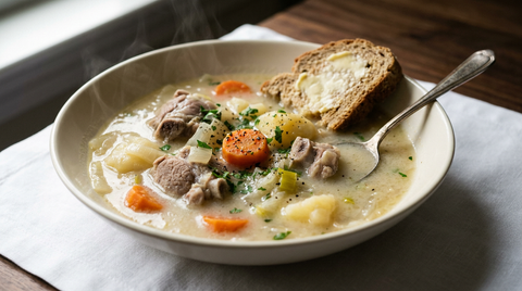 Irish stew dans un bol crème, bouillon pâle et laiteux, morceaux d'agneau non colorés, carottes et pommes de terre, pain de soda