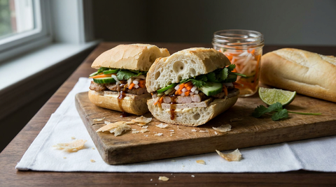 Banh mi vietnamien coupé sur une planche, croûte très fine qui s'écaille, mie creuse et aérée, porc grillé et pickles de carotte