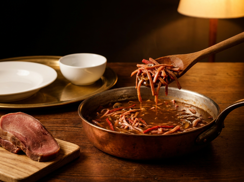 Sauce zingara au madère avec julienne de jambon, langue et champignons soulevée à la cuillère dans une poêle en cuivre
