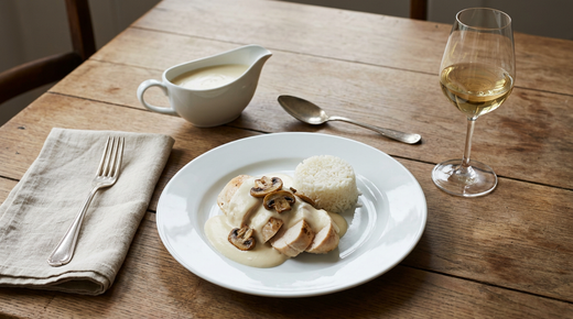 Volaille pochée nappée de sauce suprême ivoire, champignons, riz, saucière, verre de vin blanc