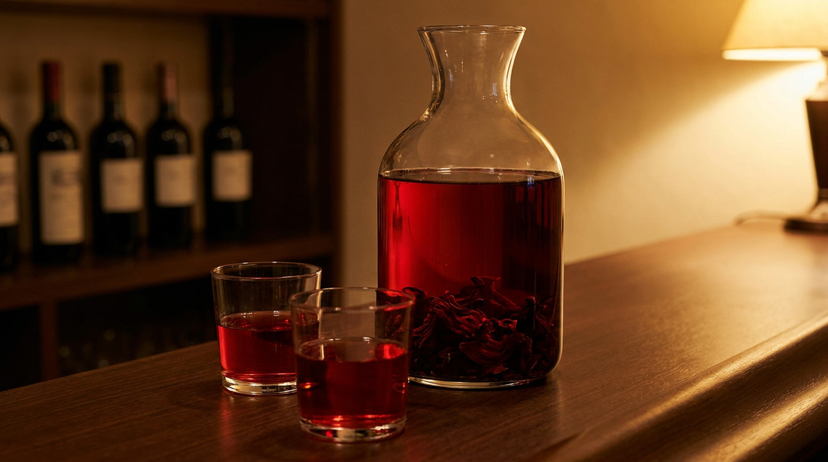Grande carafe de verre remplie d'un punch rouge grenat translucide, fleurs d'hibiscus séchées visibles au fond, deux verres bas remplis devant, comptoir de bois ciré sombre