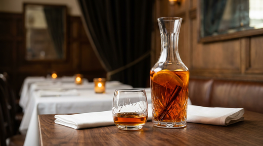 Carafe de rhum arrangé orange-cannelle et verre à dégustation sur une table de noyer, en arrière-salle de restaurant