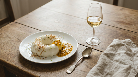 Blanc-manger coco démoulé, coulis de fruit de la passion, verre de vin moelleux