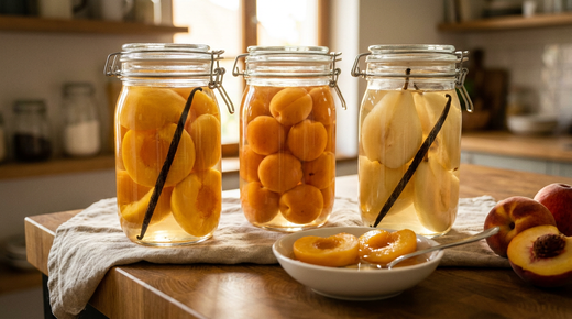 Trois grands bocaux à joint de fruits au sirop léger, demi-pêches dorées, abricots entiers et demi-poires suspendus dans un sirop clair à la gousse de vanille, bol de pêches au sirop, pêches fraîches, plan de travail en chêne