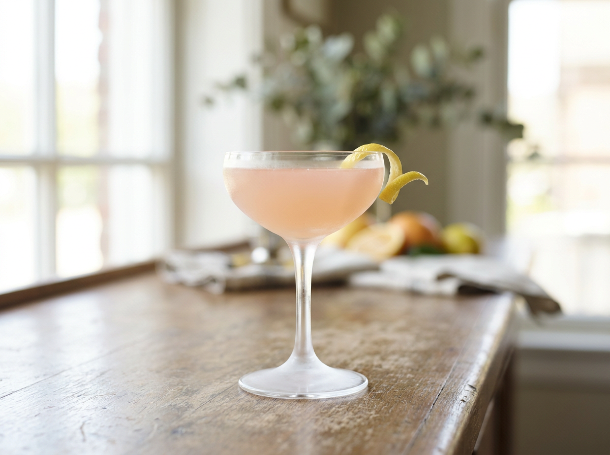 Cocktail Casino jaune pâle dans une coupe, cerise et zeste de citron