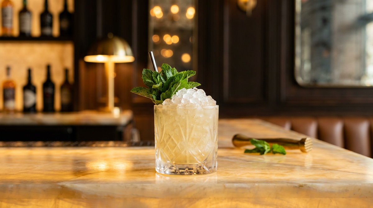 Gin smash paille doré sur un dôme de glace pilée givrée, gros bouquet de menthe fraîche, comptoir d'onyx miel