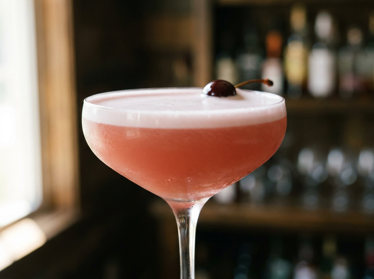 Pink Lady, cocktail rose au gin et blanc d'œuf servi en verre à cocktail avec une cerise
