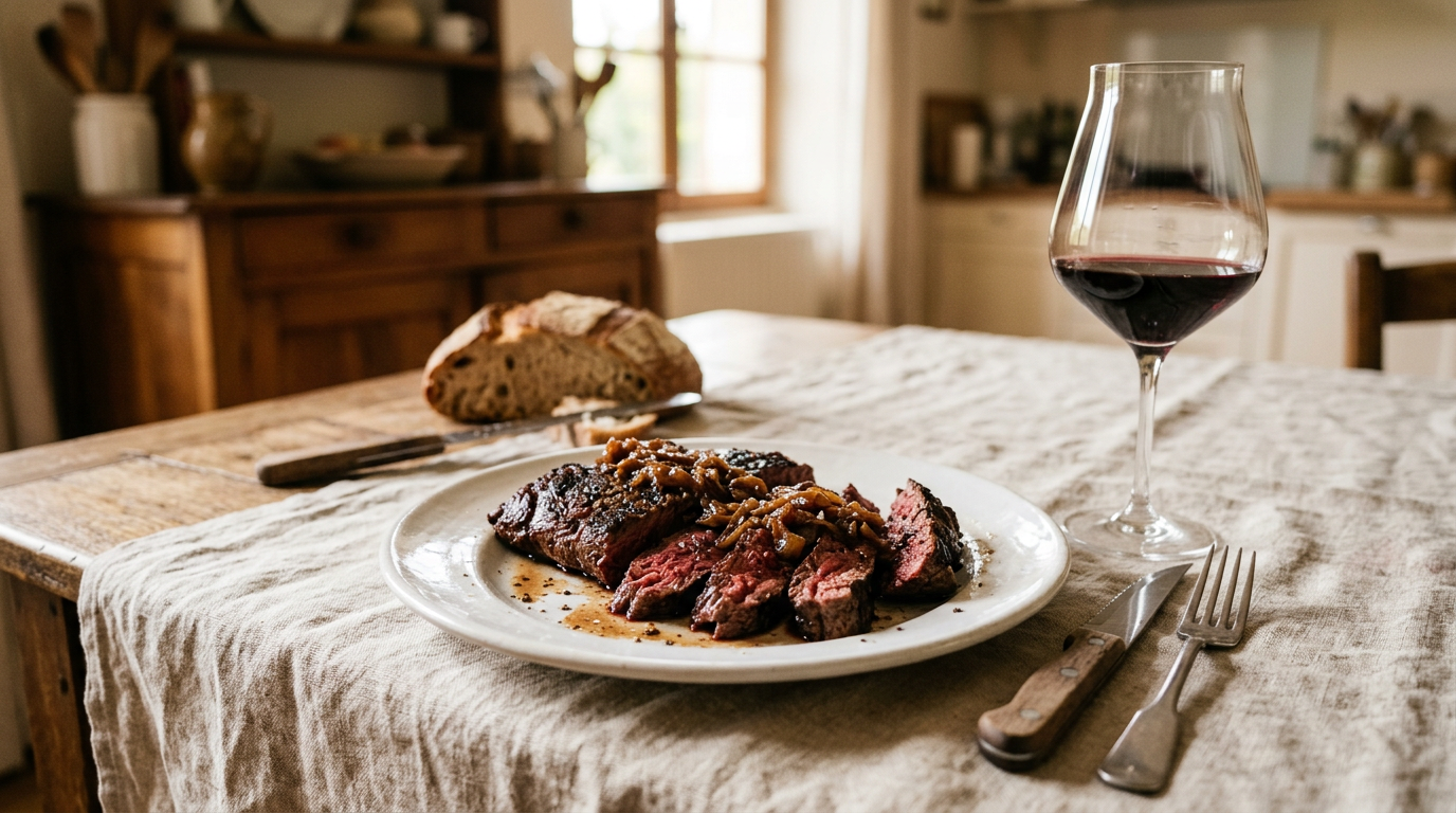 Onglet de bœuf tranché en travers du grain, intérieur saignant et fondue d'échalotes, avec un verre de vin rouge, sur une table de ferme en bois
