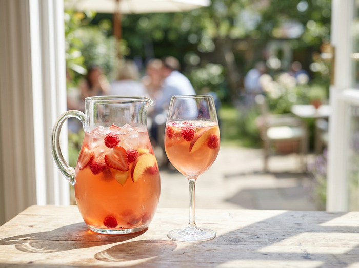 Sangria rosée en pichet : vin rosé saumoné, fraises, framboises et pêche, glace