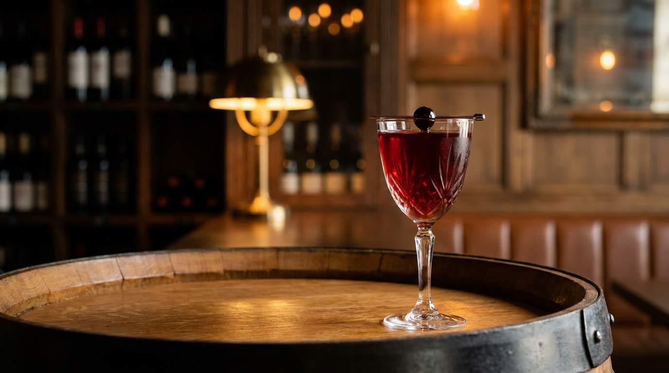 San Francisco Café Royal en verre Nick & Nora de cristal sur un tonneau de chêne, robe grenat limpide, cerise sur pique