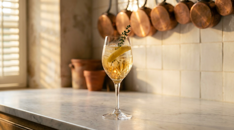 Cocktail au Maury blanc en verre à vin, glace claire, zeste de citron et thym, sur le marbre d'une cuisine de maison de campagne aux cuivres suspendus