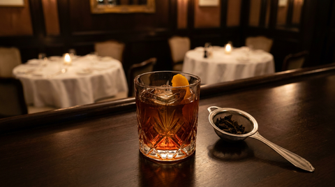 Cocktail noir d'Halloween au thé fumé et au whisky dans un verre bas en cristal taillé, en arrière-salle de restaurant : robe ambrée sombre, gros glaçon, zeste d'orange et passe-thé