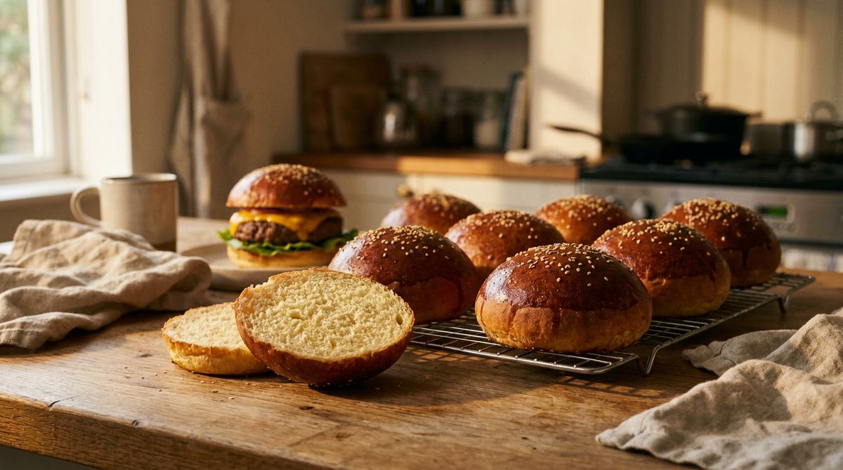 Huit buns à burger dorés et brillants couverts de graines de sésame sur une grille, l'un coupé en deux montrant la mie jaune et moelleuse, un burger monté derrière, plan de travail en bois, cuisine de famille, lumière chaude