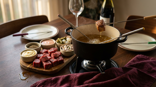 Fondue bourguignonne : caquelon d'huile chaude sur son réchaud, cube de bœuf doré au bout d'une fourchette, planche de viande crue et bols de sauces